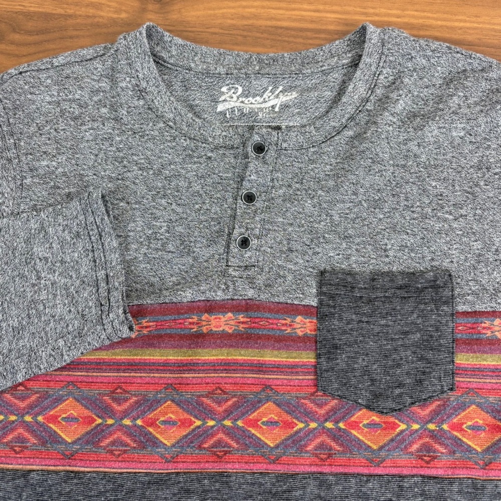 Brooklyn Cloth Mens Gray Long Sleeve Henley Shirt Aztec Trim Casual Top Size L